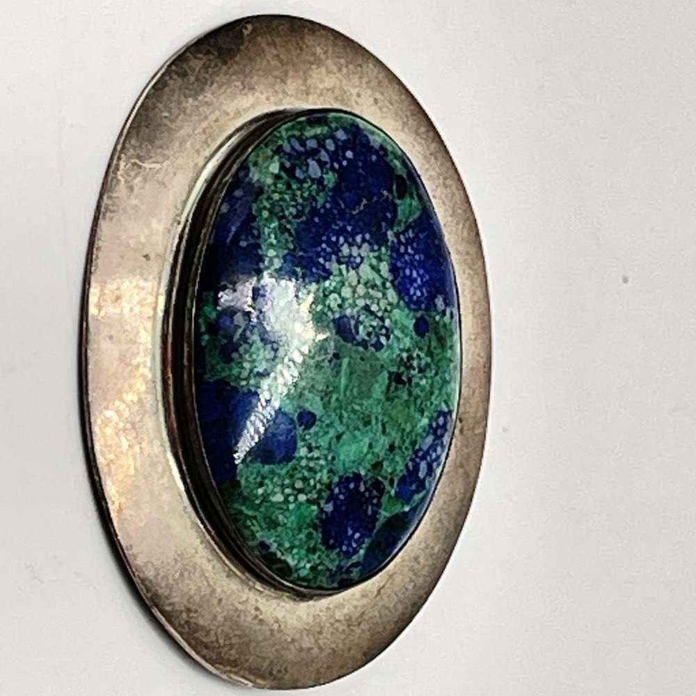 Antique 925 sterling silver brooch with azurite malachite stone, signed